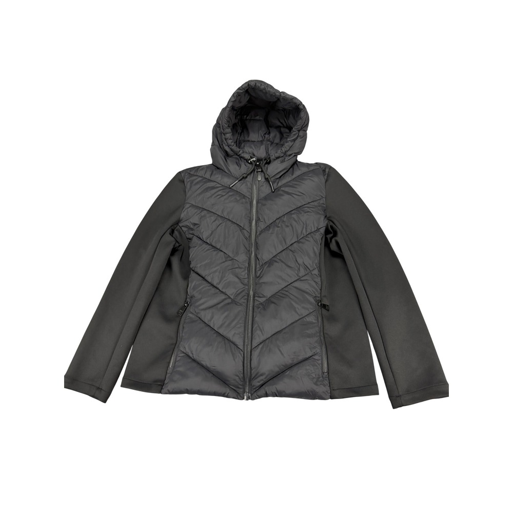 DKNY Womens Black Mixed Media Quilted Hooded Puffer Jacket XL 1889464